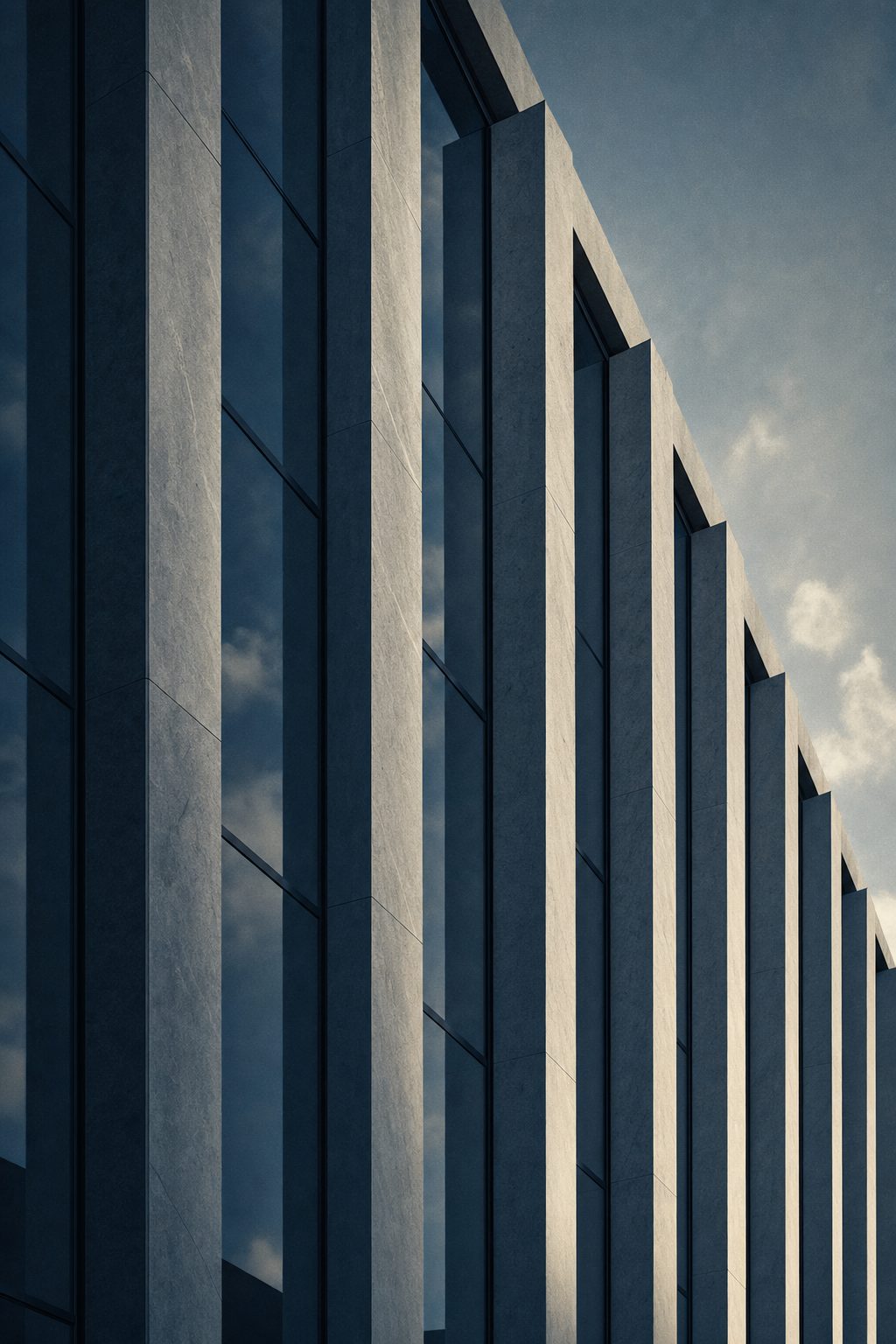 An ordered stone-and-glass facade rising against a clear sky, seen at an angle