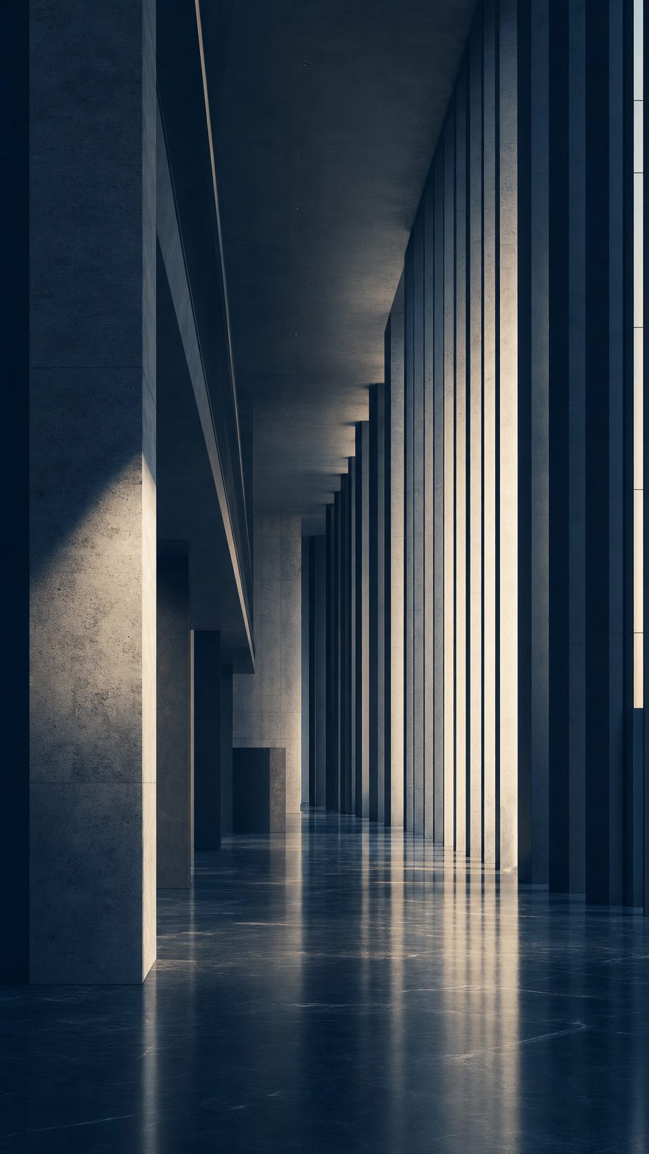 A monumental colonnaded interior of stone and glass, softly lit, evoking institutional permanence