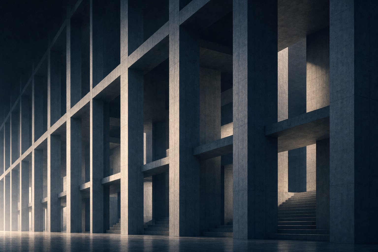 A repeating grid of monumental structural bays receding into soft light