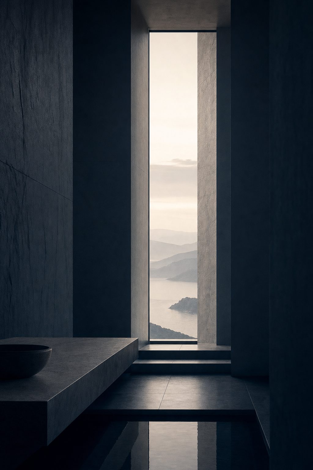 A calm stone interior framing a tall window onto soft distant light
