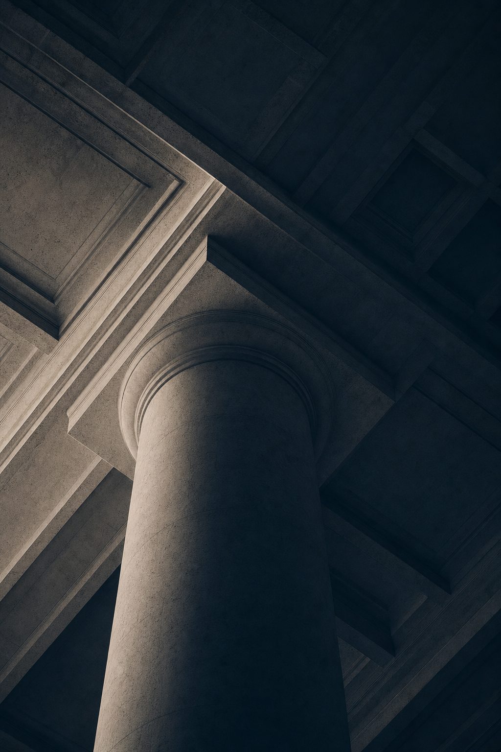A monumental stone column meeting a coffered ceiling, softly lit